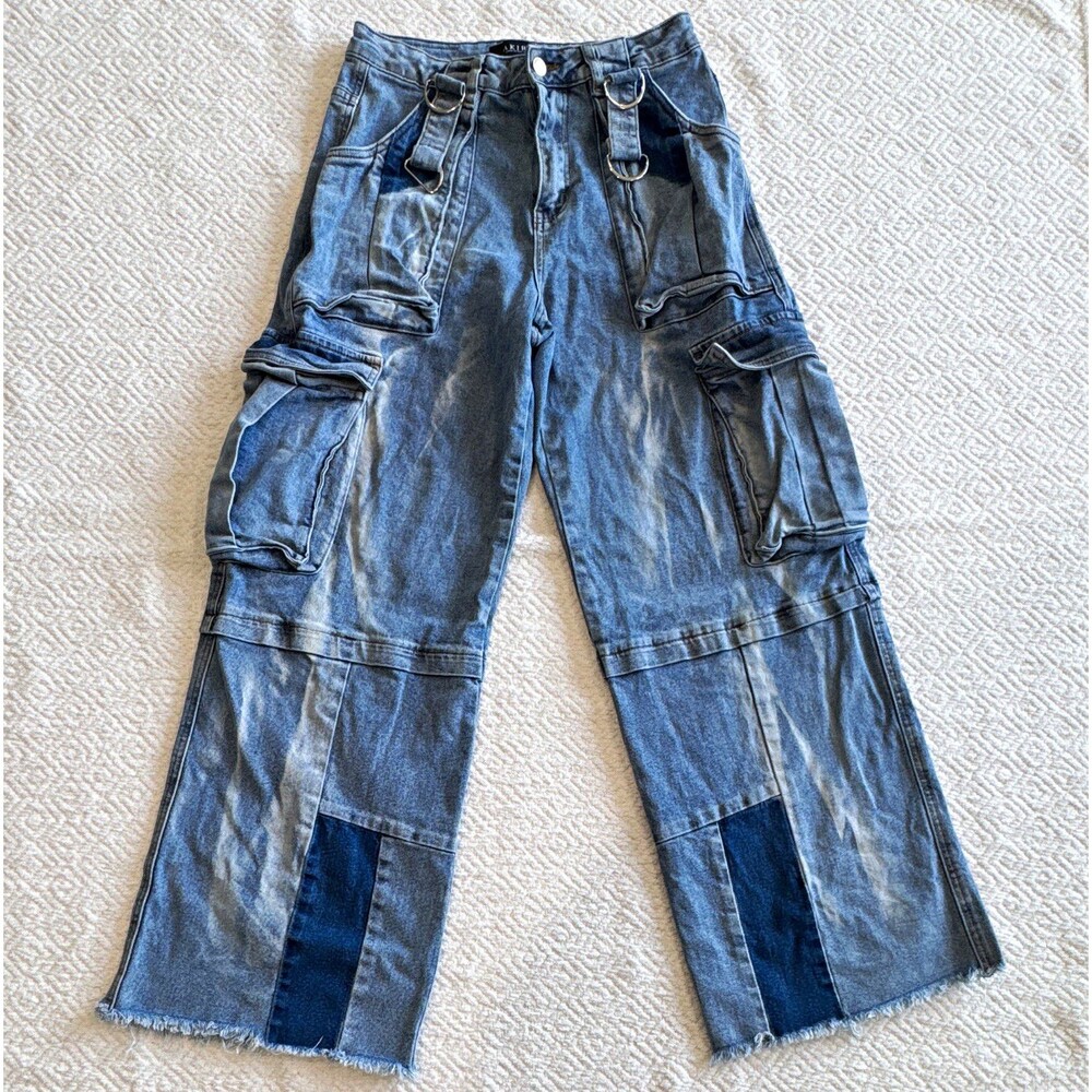 AKIRA Blue Denim Cargo Wide-Leg Pants High Rise D-Ring Accents Sz S